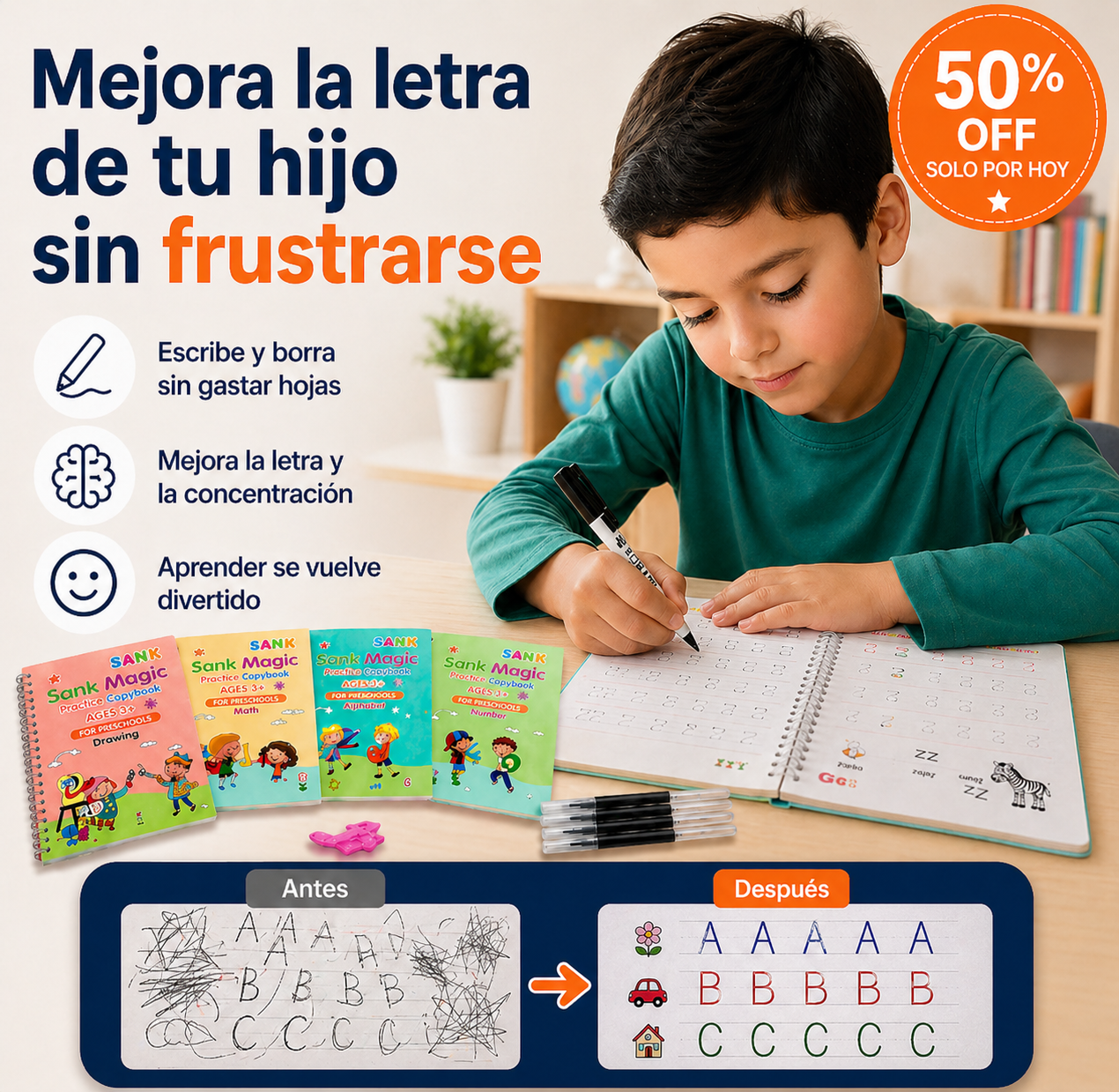 📚Set 4 Cuadernos Mágicos Caligrafia Montessori ✍️ — La Forma Más Divertida de Mejorar la Escritura✨